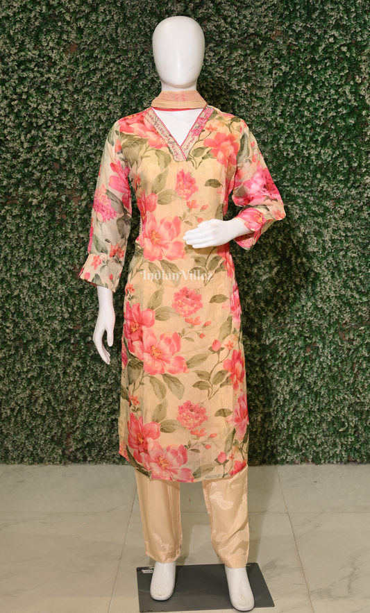 Cream with Multi Color Floral Print Salwar Set with Dupatta
