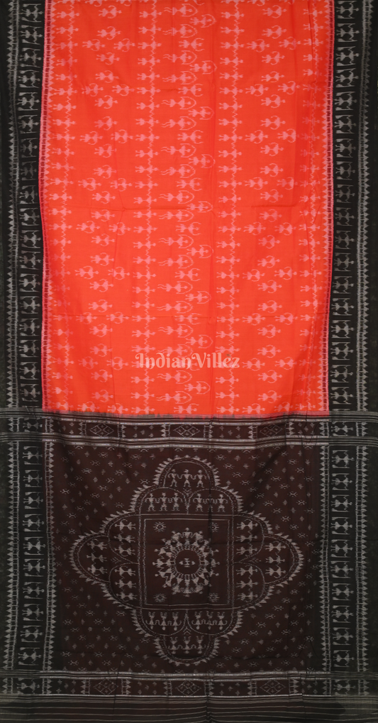 Orange Black Tribal Theme Odisha Ikat Sambalpuri Cotton Saree