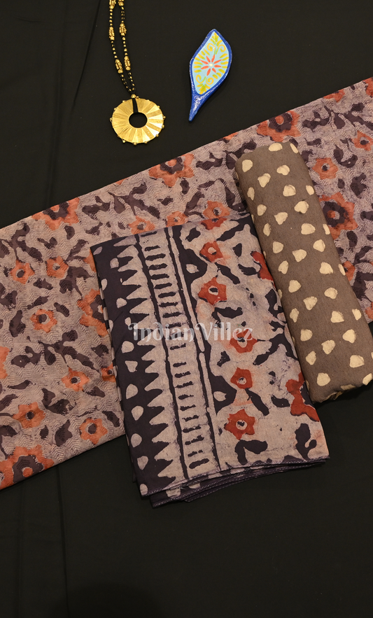 Dusty Lavender Grey Block Printed Chanderi Silk Suit Sets