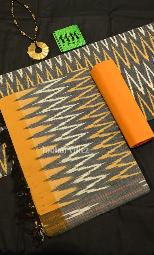 Grey Yellow Pochampally Ikat Cotton Unstitched Suit Sets