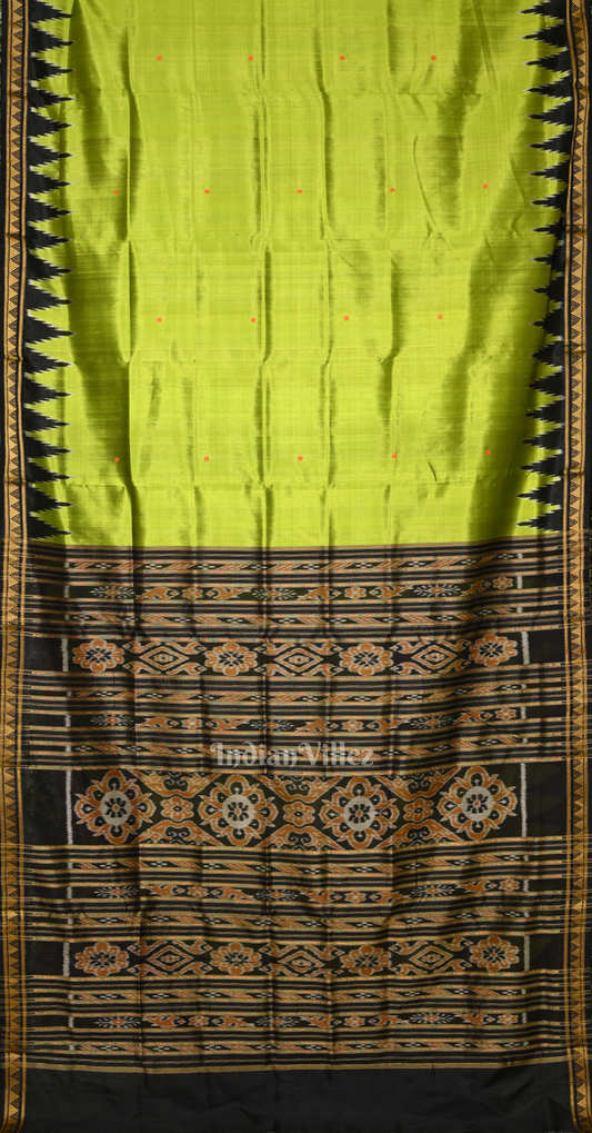 Parrot Green Blakck Butta Design Odisha Ikat Khandua Silk Saree