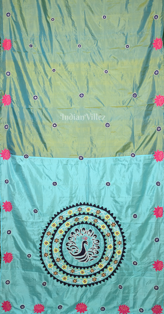 Turquoise Green & Blue Hand Embroidered Applique Work Saree