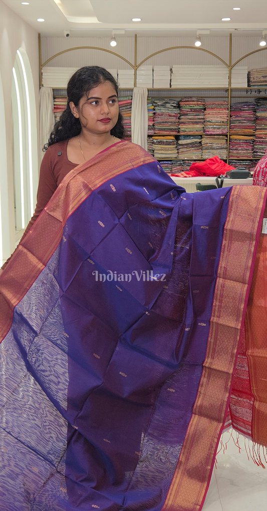 Blue Red Butta Design Pure Silk Cotton Maheshwari Saree with Zari Border