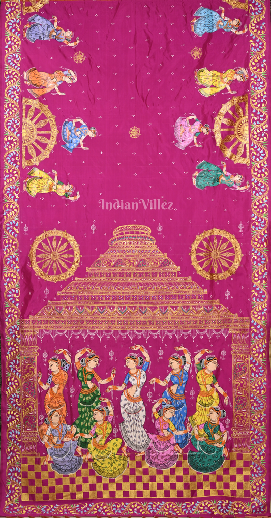 Rani Pink Orange Nartaki Konark Temple Hand-Painted Pattachitra Saree