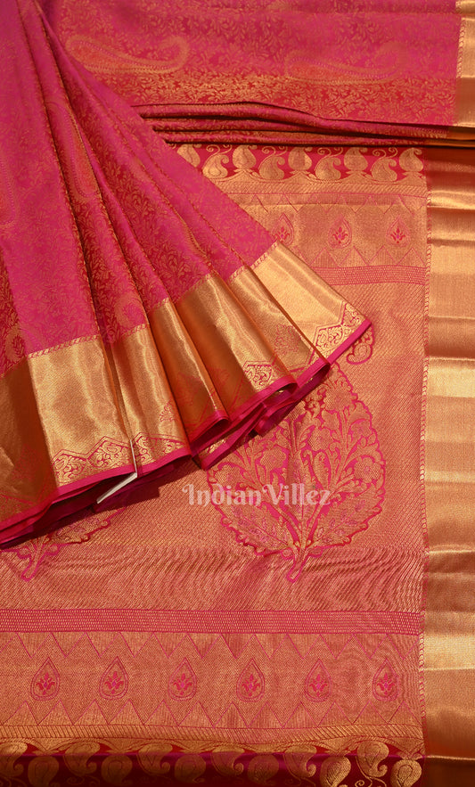 Exclusive Rani Pink Floral Brocade Pure Kanjivaram Silk Saree