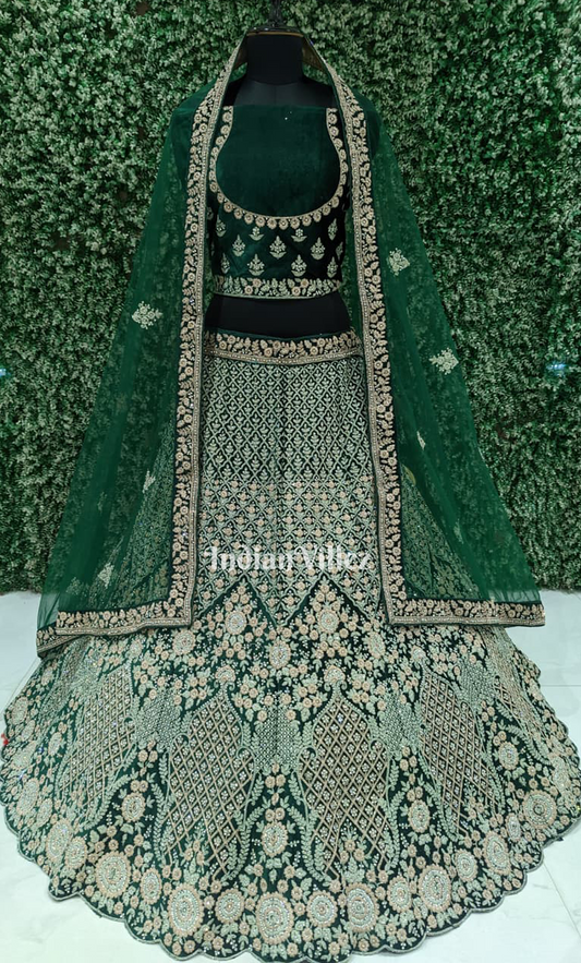 Dark Green Bridal Velvet Embroidery Work Lehenga Choli With Dupatta