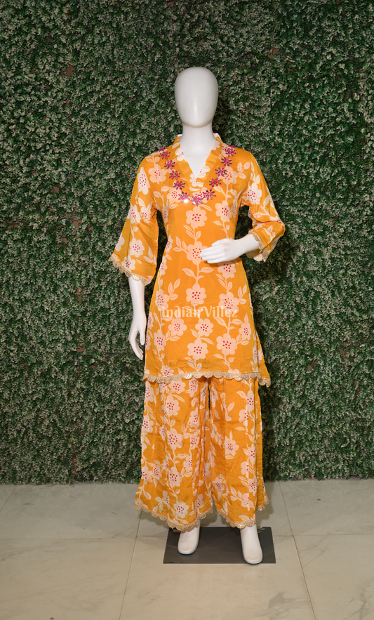 Designer Yellow Floral Printed Kurta & Pant Set-(Co-Ords Set)