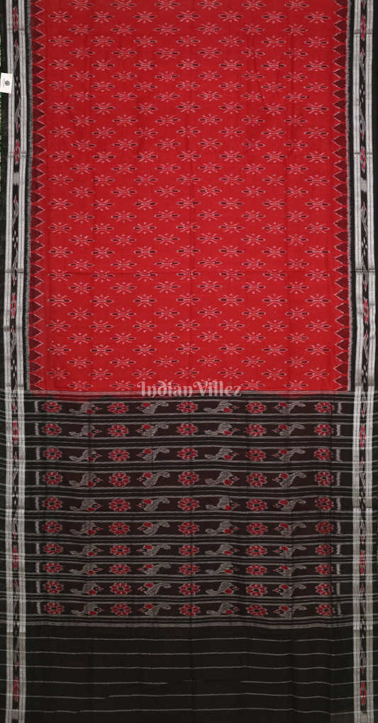 Red Black Damru Odisha Ikat Maniabandha Cotton Saree
