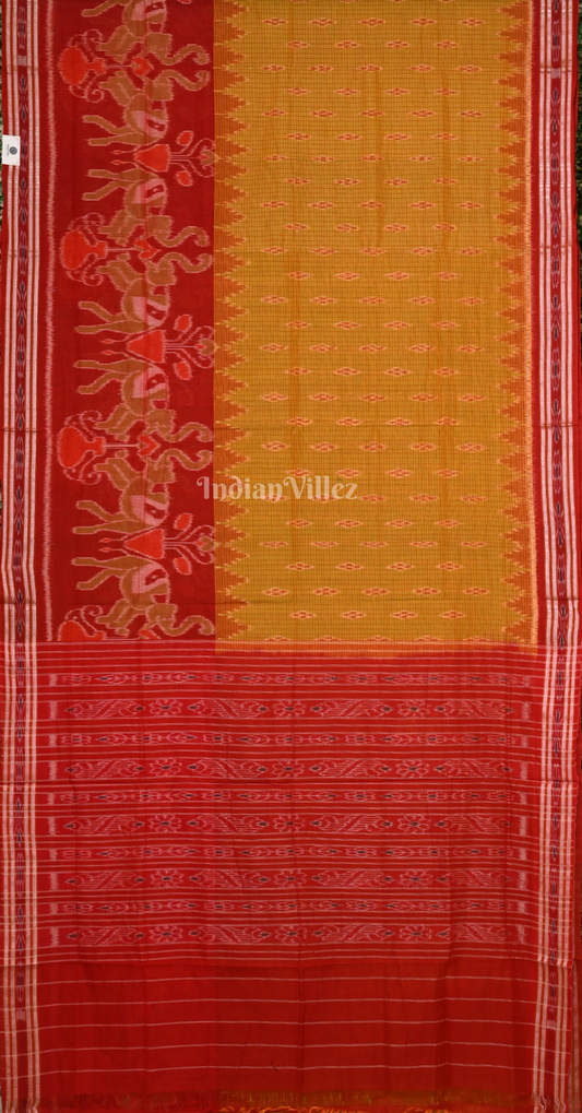 Green Red Checks Peacock Scott Odisha Ikat Maniabandha Cotton Saree
