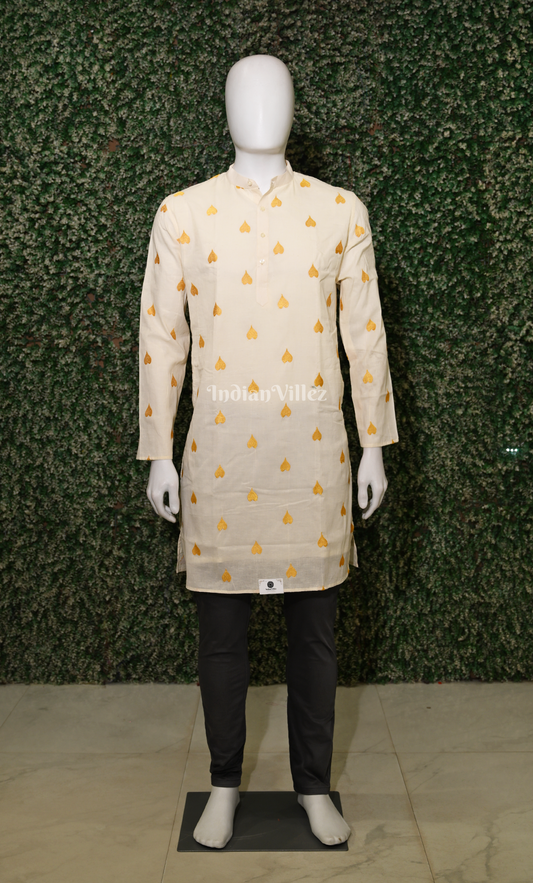 Off White Yellow Thread work leaf shaped motif Odisha Ikat Cotton Kurta for Men