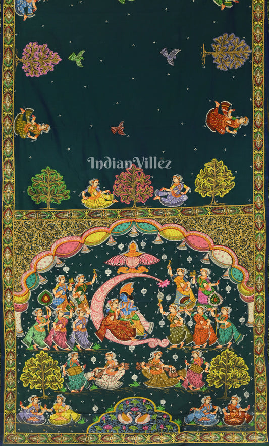 Peacock Blue Ardha Chandra Krishna Rasa Leela Hand-Painted Pattachitra Saree