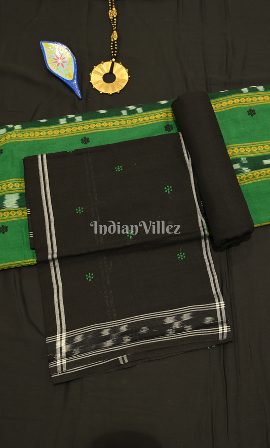 Green Yellow Buti Pasapali Odisha Ikat Sambalpuri Cotton Dress set with Dupatta
