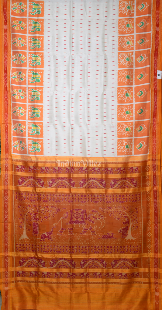 White Yellow Dot Half Odisha Ikat Khandua Silk Saree with Elephant Anchal