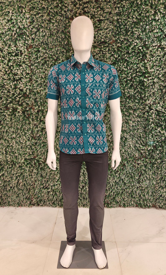 Blue Maroon Odisha Ikat Cotton Half Sleeve Shirt for Men
