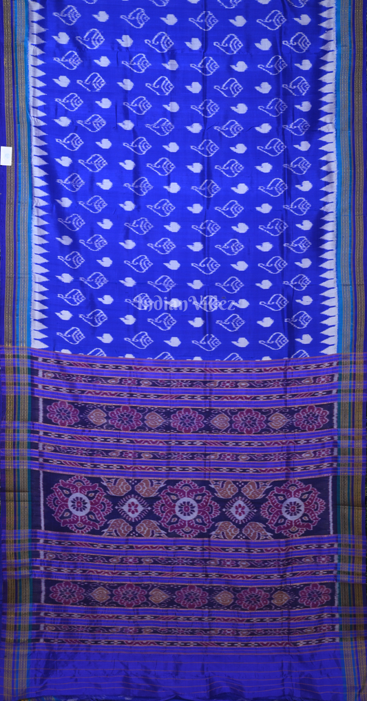 Royal Blue White Sankha Motif Odisha Ikat Khandua Silk Saree