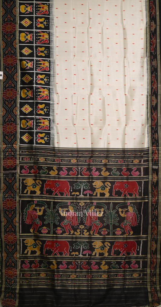 White Black Dot Half Nabakothi Border Odisha Ikat Khandua Silk Saree