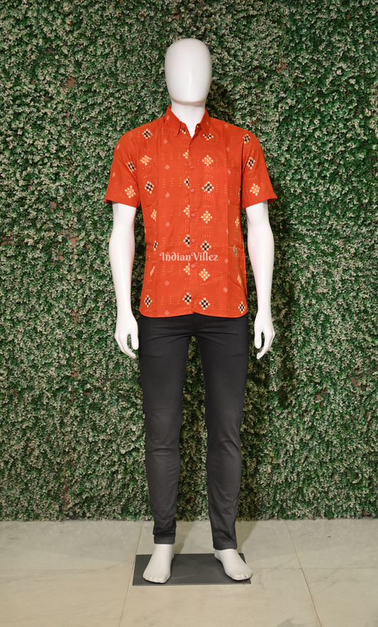 Orange Pasapali Odisha Ikat Cotton Half Sleeve Shirt for Men