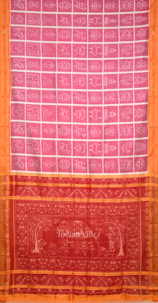Baby Pink Red Nabakothi Odisha Ikat Khandua Silk Saree with Elephant Anchal