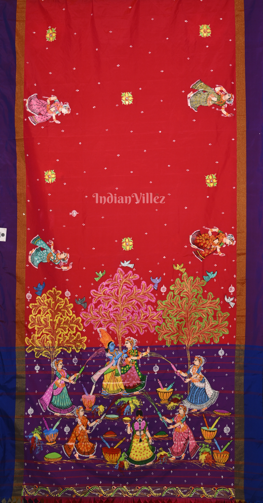 Red Purple Krishna Raas Leela Hand-Painted Pattachitra Saree