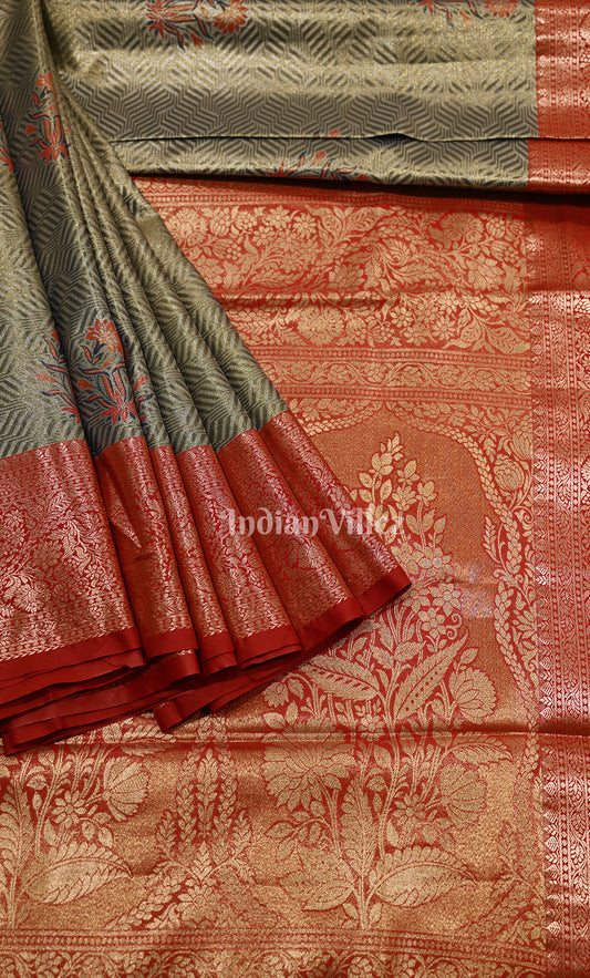 Moss Green Red Pure Kanjivaram Tissue Silk Saree