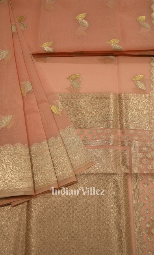 Peach Floral Motif Chanderi Banarasi Silk Saree