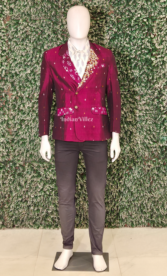 Magenta Pink Buti Design Odisha Ikat Men's Designer Blazer