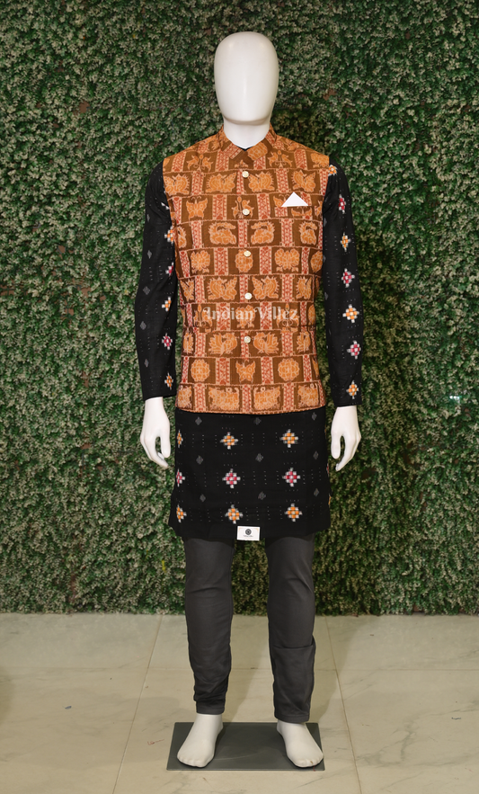 Brown Odisha Ikat Half Bandi Jacket for Men
