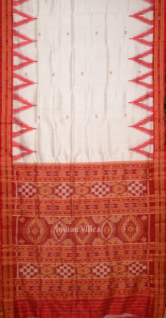 White Red Big Kumbha Buti Design Odisha Ikat Khandua Silk Saree