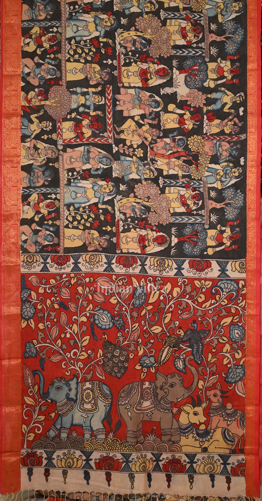 Black Red Hand-Painted Natural Dye Cotton Kalamkari Saree with Elephant Anchall