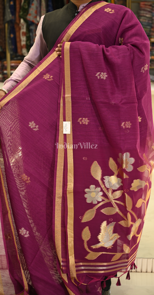 Purple Wine Linen Cotton Saree with Gold Zari Floral Pallu