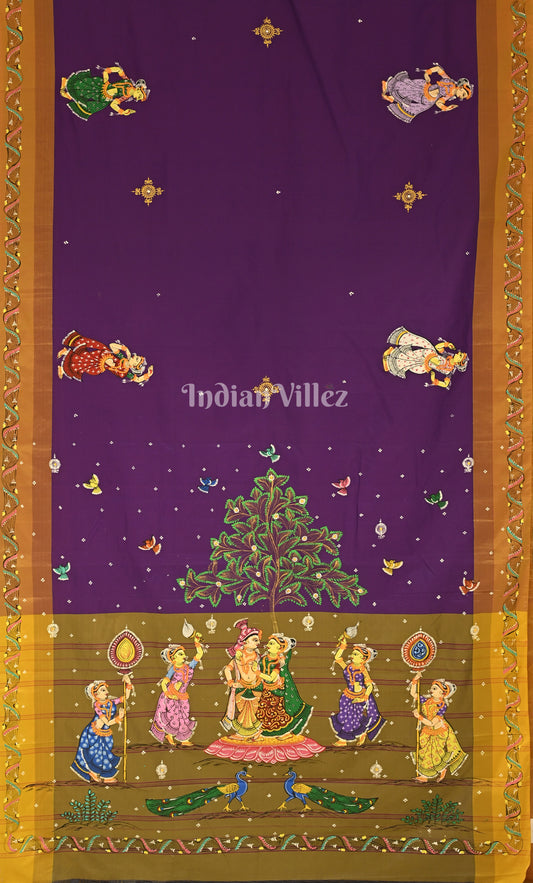 Purple Olive Green Krishna Raasleela Hand-Painted Pattachitra Saree