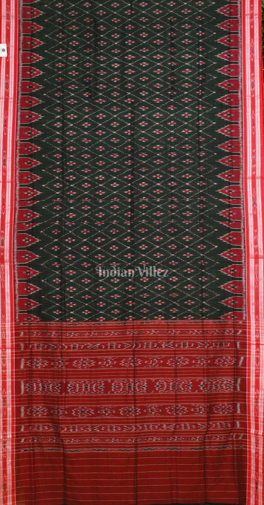 Bottle Green Maroon Pasapali Odisha Ikat Maniabandha Cotton Saree