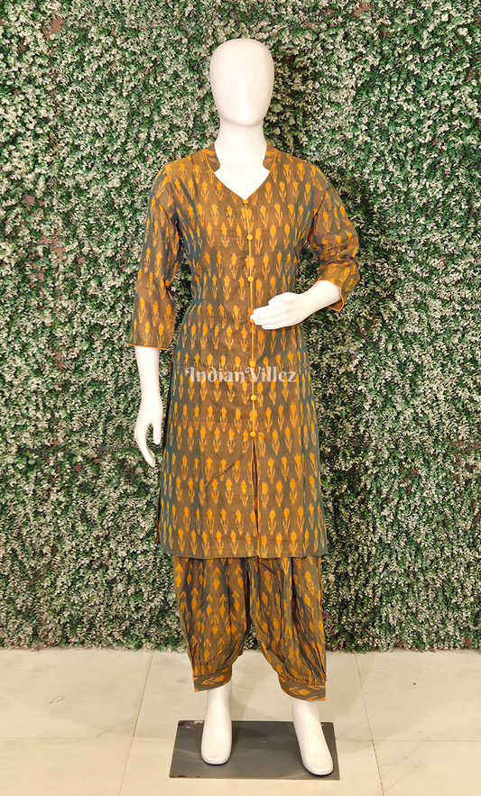Olive Brown Yellow Pochampally Cotton Kurti Set with Pallazo
