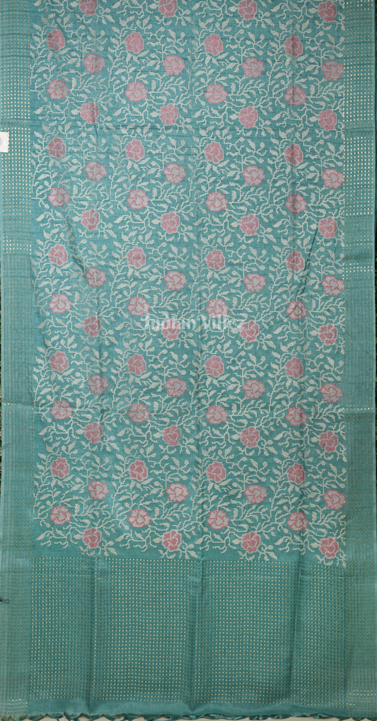Blue Tussar Silk Saree with Floral Embroidery Work