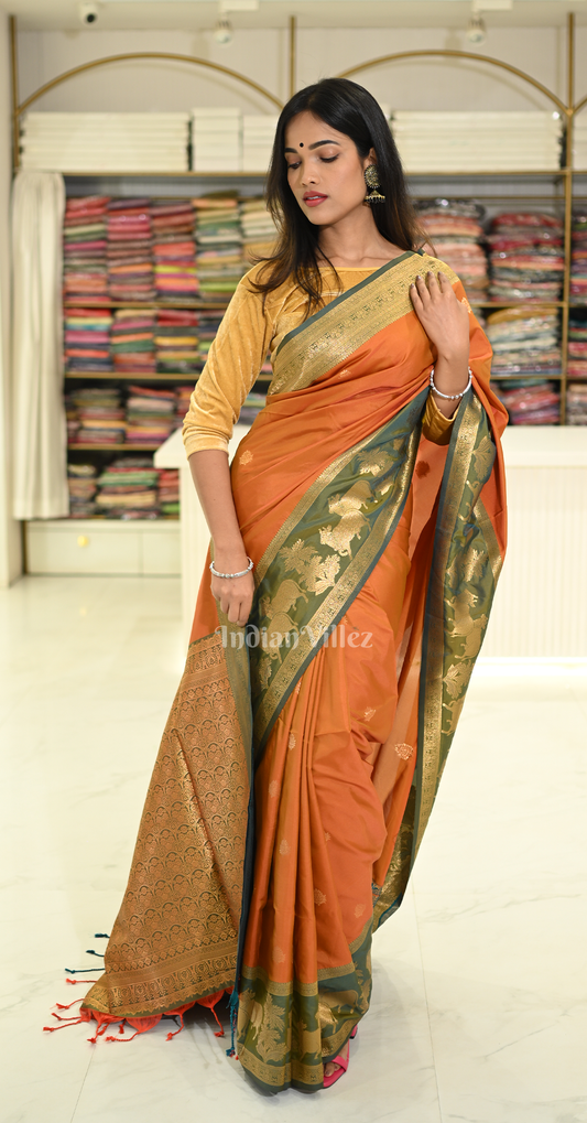 Orange Green Pichwai Satin Silk Banarasi Saree