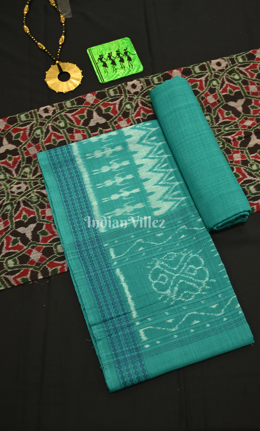Black Aqua Green Floral Motif Odisha Ikat Sambalpuri Dress Set & Dupatta