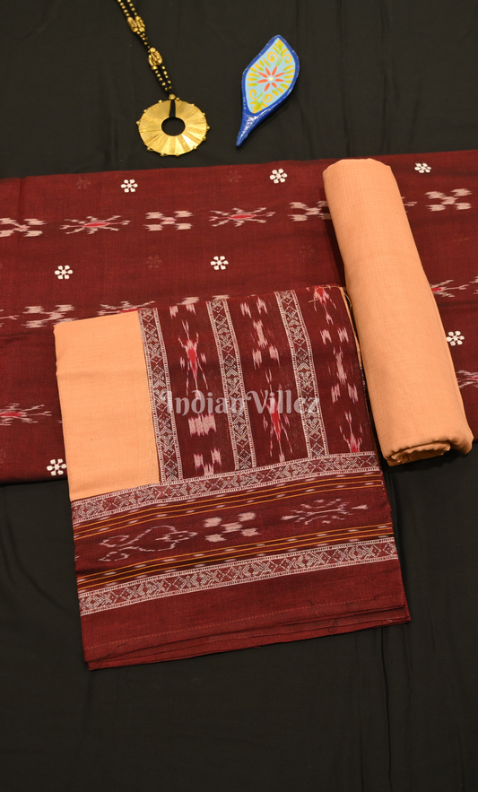 Maroon Cream Flower Pasapali Odisha Ikat Sambalpuri Cotton Dress set with Dupatta