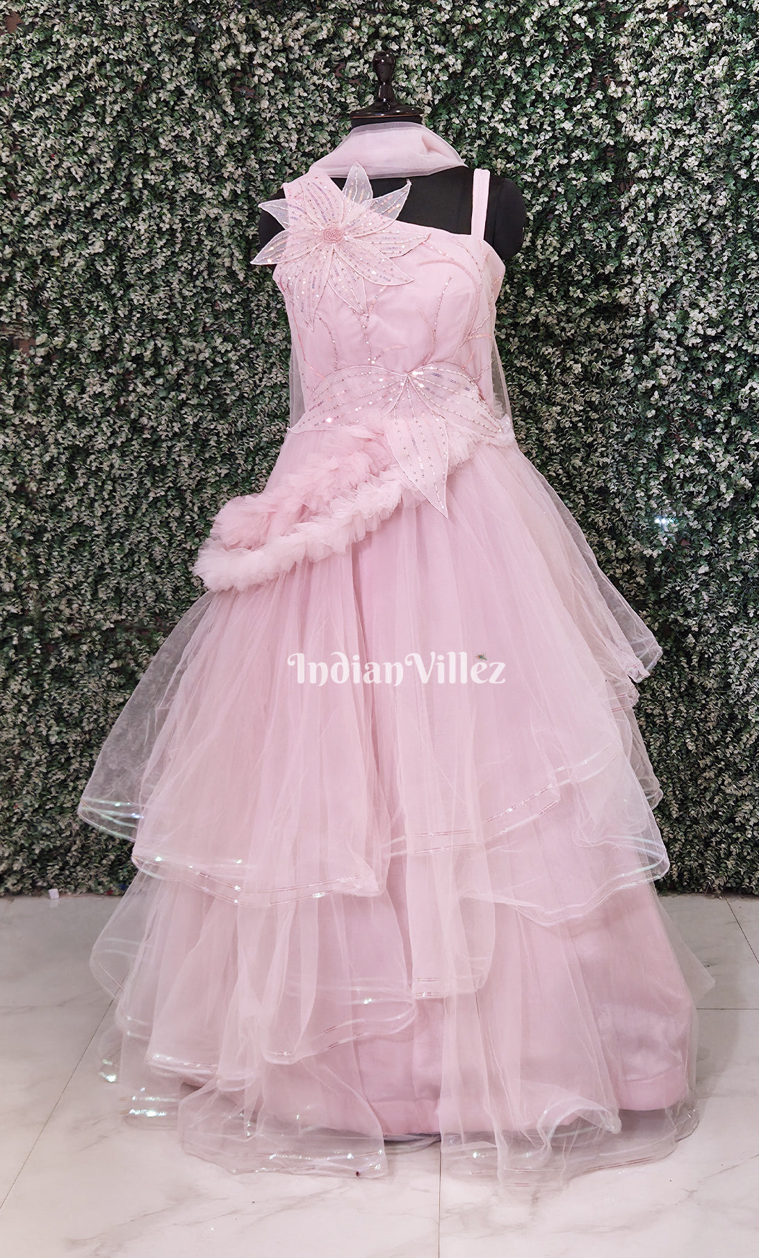 Party Wear Light Pink Net Indo western Flared Gown Party Wear Light Pink Net Indo western Flared Gown