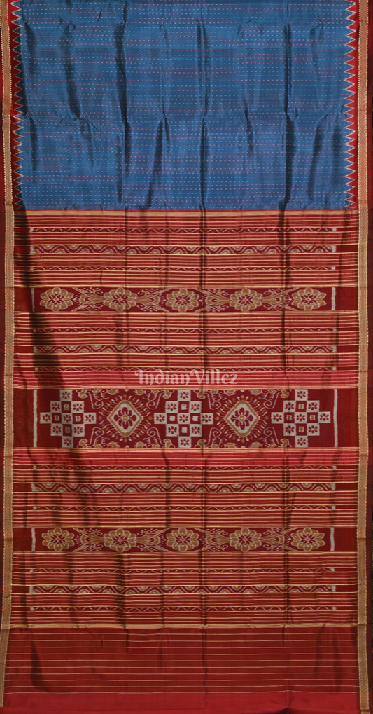 Blue Maroon Stripe Odisha Ikat Khandua Silk Saree with Blouse Piece