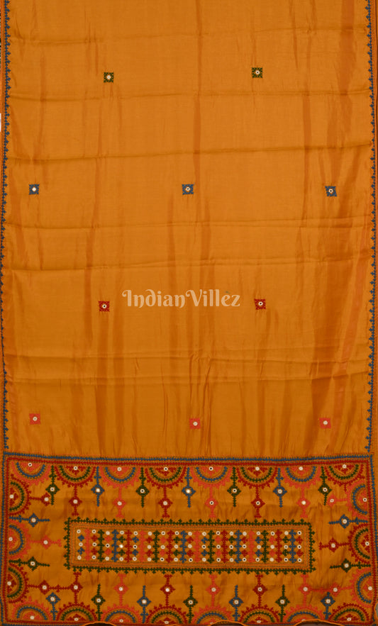 Mustard Yellow Thread Work Hand Embroidery Kutch Work Silk Saree