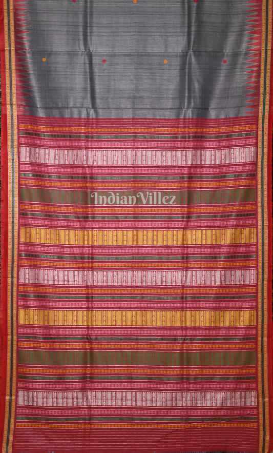 Grey Red Gopalpur Tussar Silk Saree with Jalla Pallu