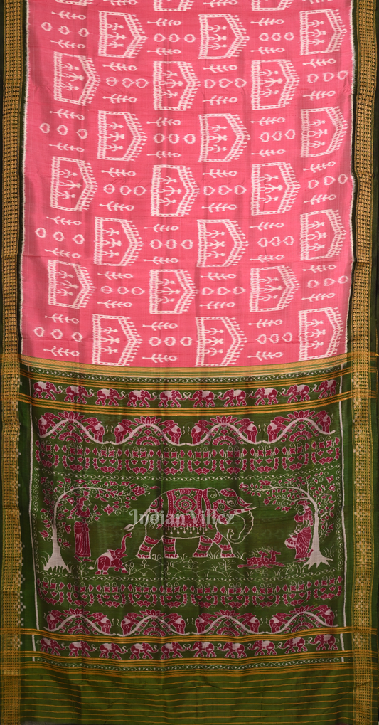 Pink Green House Tribals Motif Odisha Ikat Khandua Silk Saree