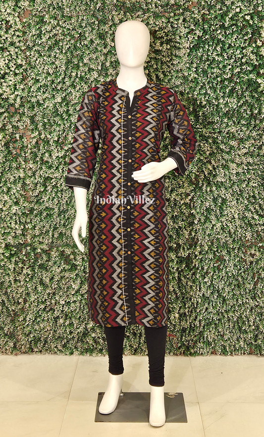 Maroon Black Zigzag Design Odisha Ikat Designer Cotton Kurti for Women