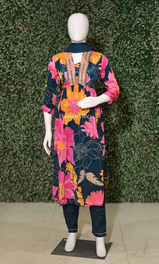 Teal Blue Floral Embroidered Kurta Pant with Dupatta Set