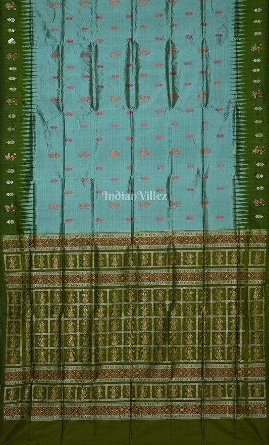 Sea Blue Olive Green Odisha Ikat Bomkai Sambalpuri Silk Saree with Doll Aanchal