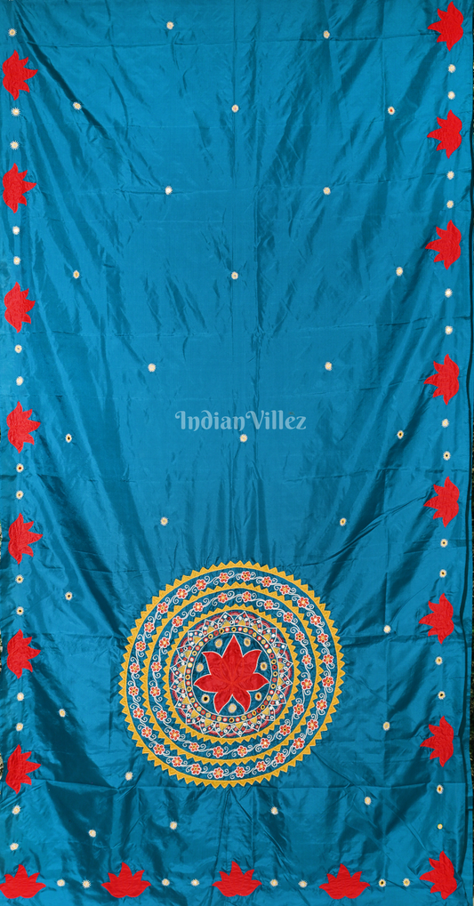 Blue Red Applique Work Hand Embroidered Saree