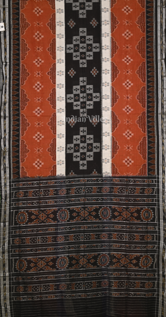 Rust Orange Black Pasapali Triple Layer Odisha Ikat Sambalpuri Cotton Saree