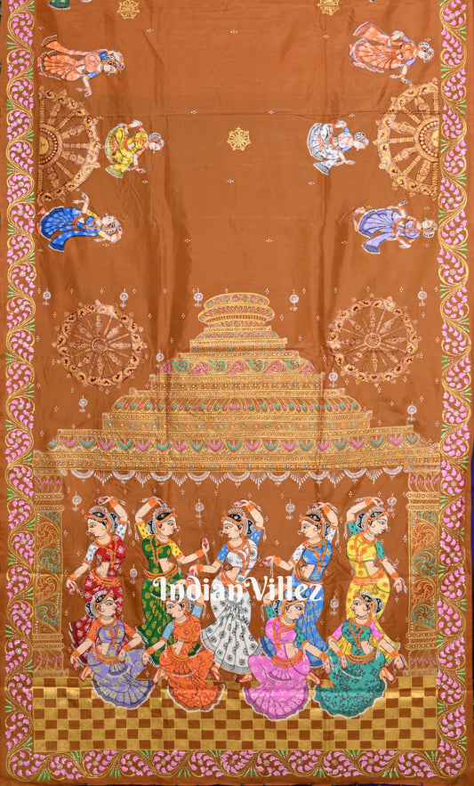 Rust Orange Blue Nartaki Konark Temple Hand-Painted Pattachitra Saree