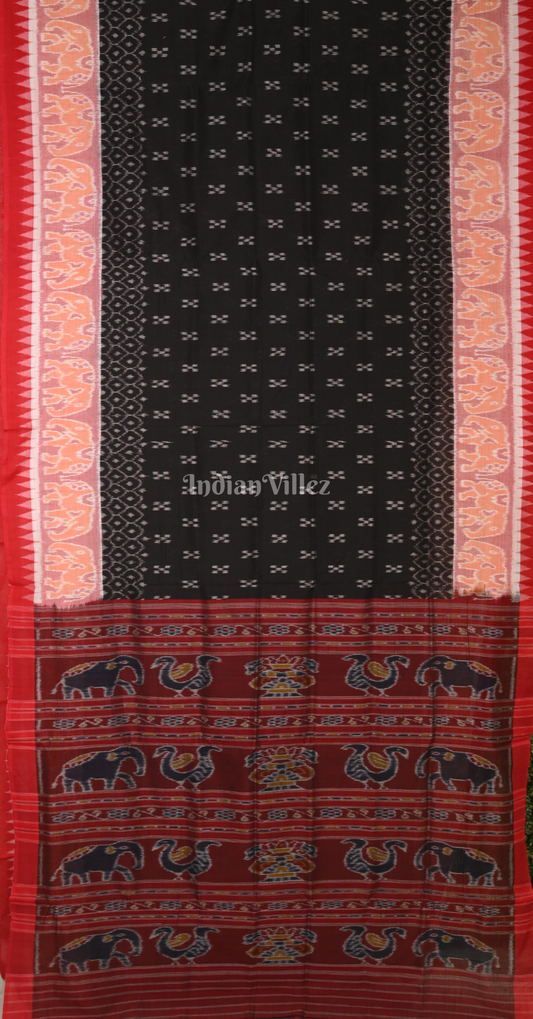 Black Maroon Elephant Scot Odisha Ikat Sambalpuri Cotton Saree