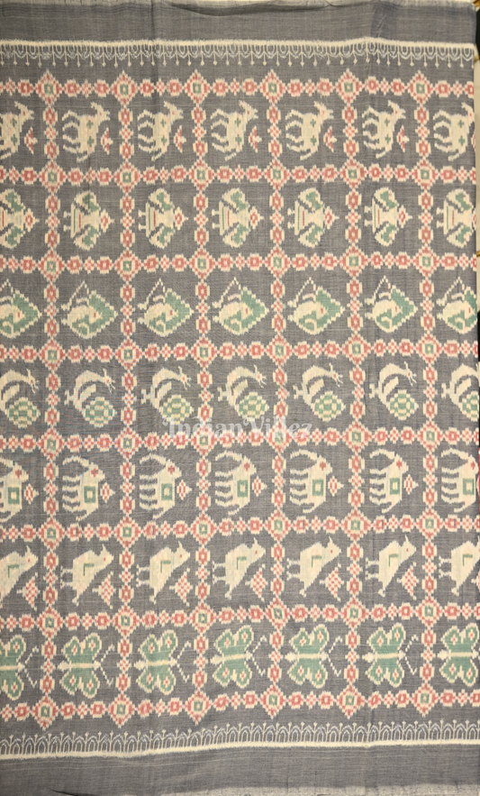Grey Jungle Theme Odisha Ikat Sambalpuri Cotton Fabric